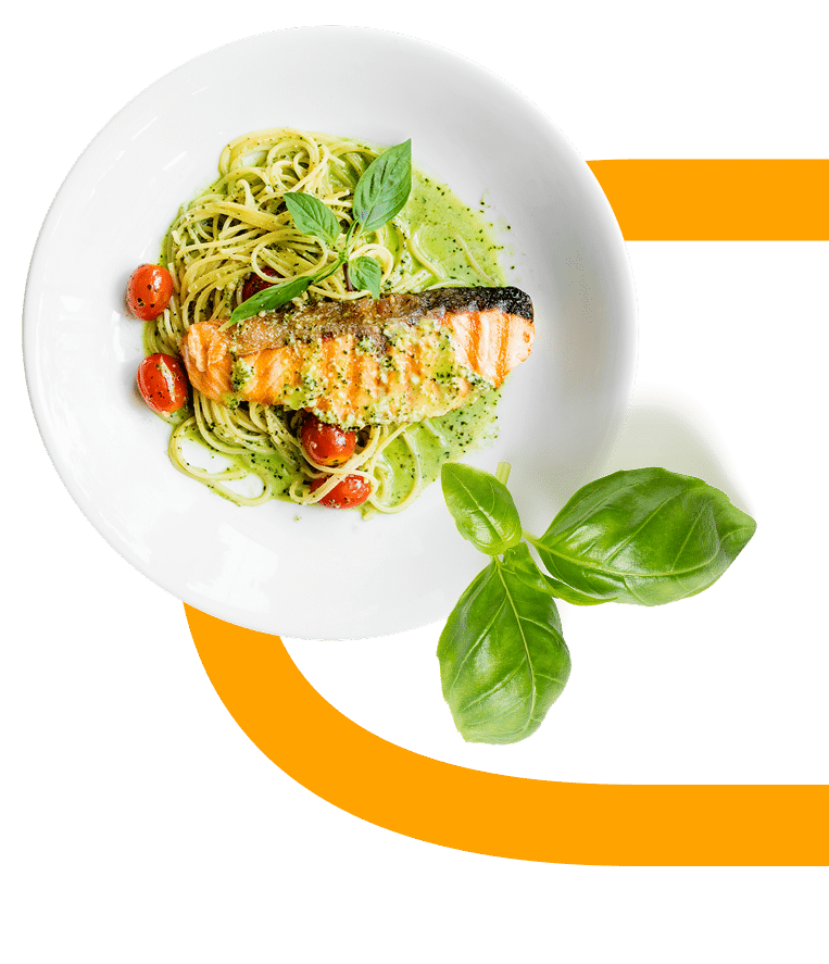 Plate of salmon pesto noodles and basil leaf, Integrative Nutritionist Dietitian in Washington DC